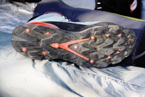 Spydraflex outsole soaks up trail shock and made with rubber compound designed to change with climate.