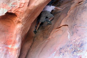 Scrambling up a crack with Five Ten Insight. Photo by Dan Sanchez