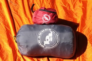 Big Agnes Yampa 40 sleeping bag (bottom) and Air Core pad (top) in respective stuff sacks.