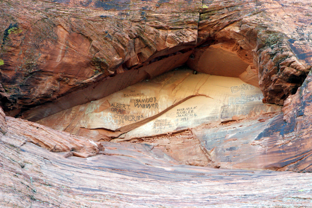 Early mormon pioneers wrote their names on one of the cliff faces with axle grease. 