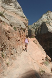 The Zion Canyon walls are wide but have steep drop-offs. Chains rails are provided. Photo by Dan Sanchez, FreshAirJunkie.com 